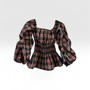 FAVLUX Navy and Red Plaid Blouse w/Puff Sleeve and Ruched Waist size S